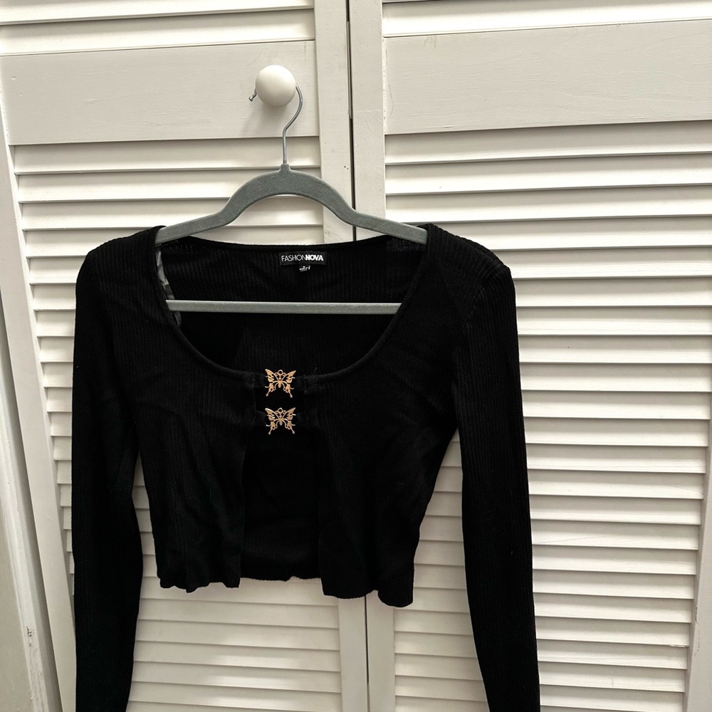 Fashinova- black with golden butterfly charm,  crop top shirt, long sleeve.
